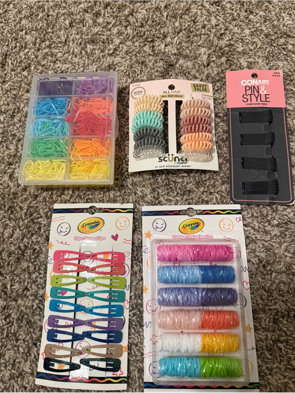 Girls Hair Accessory Bundle -Spiral hair ties, hair elastics, hair clips, & pins